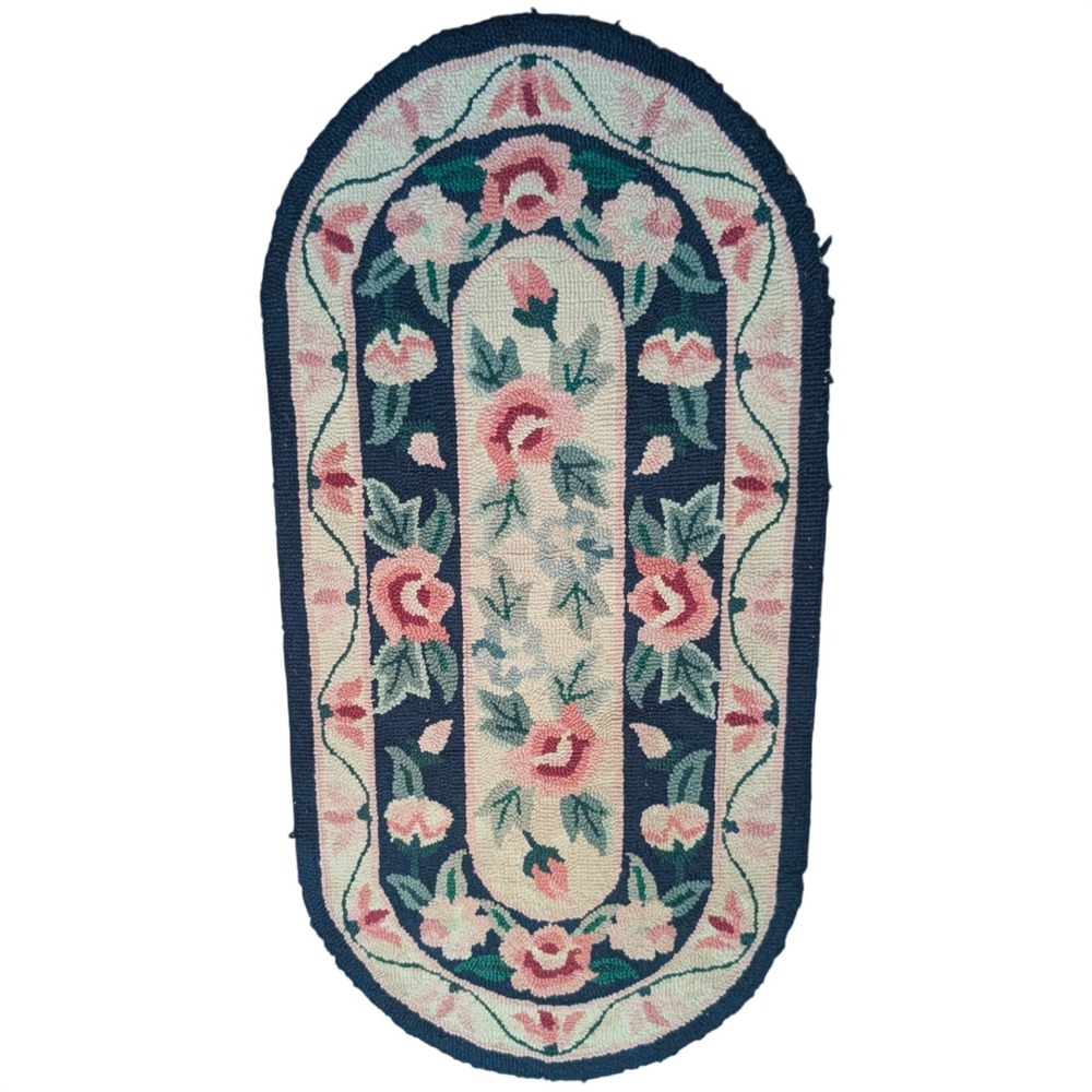 Vintage Hand Hooked Wool Rug Oval Floral Pink Roses Navy Blue 43x21